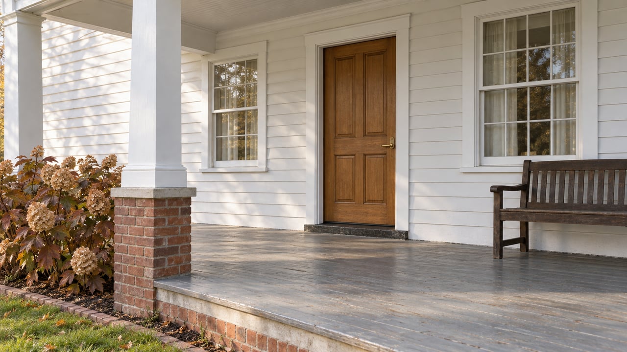 White clapboard home with a covered porch, oak front door, multipane windows and autumn oakleaf hydrangeas beside a red-brick porch base.