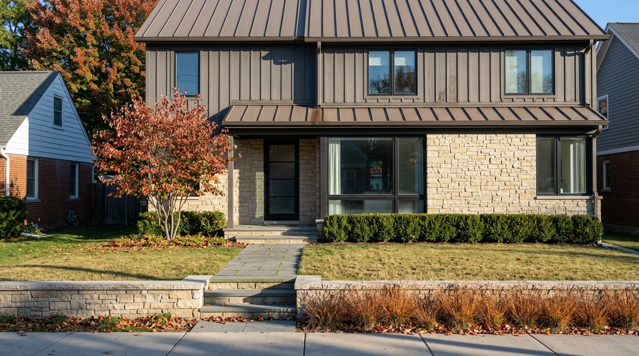 Two-story contemporary home with a gabled roof, stone facade, charcoal siding, and autumn trees framing a narrow lawn.