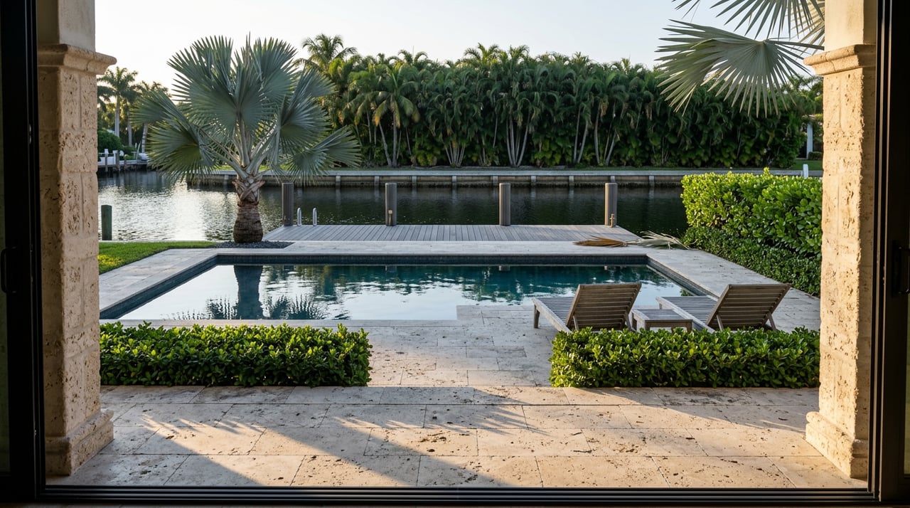 A pool terrace framed by coral-stone columns, with teak loungers, a dock, and palm-lined canal.