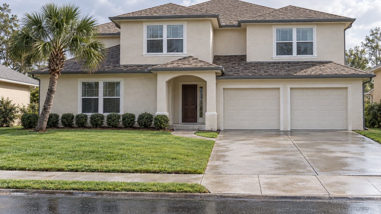Cream two-story stucco home with tan shingle roof, double garage, deep front lawn and a curved entry walk after rain.