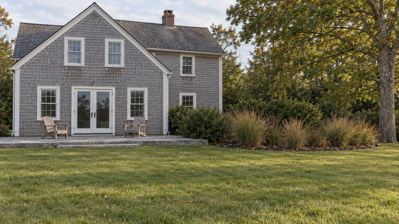 Weathered cedar-shingle cottage with white-trimmed windows, a bluestone terrace and a deep lawn beside an oak and native planting.
