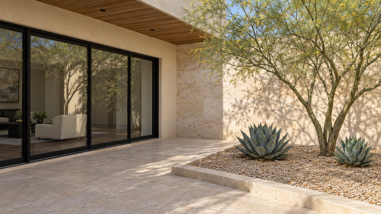 Morning light falls across a contemporary home's limestone courtyard, black-framed glass doors, and a sculptural tree beside two agaves.