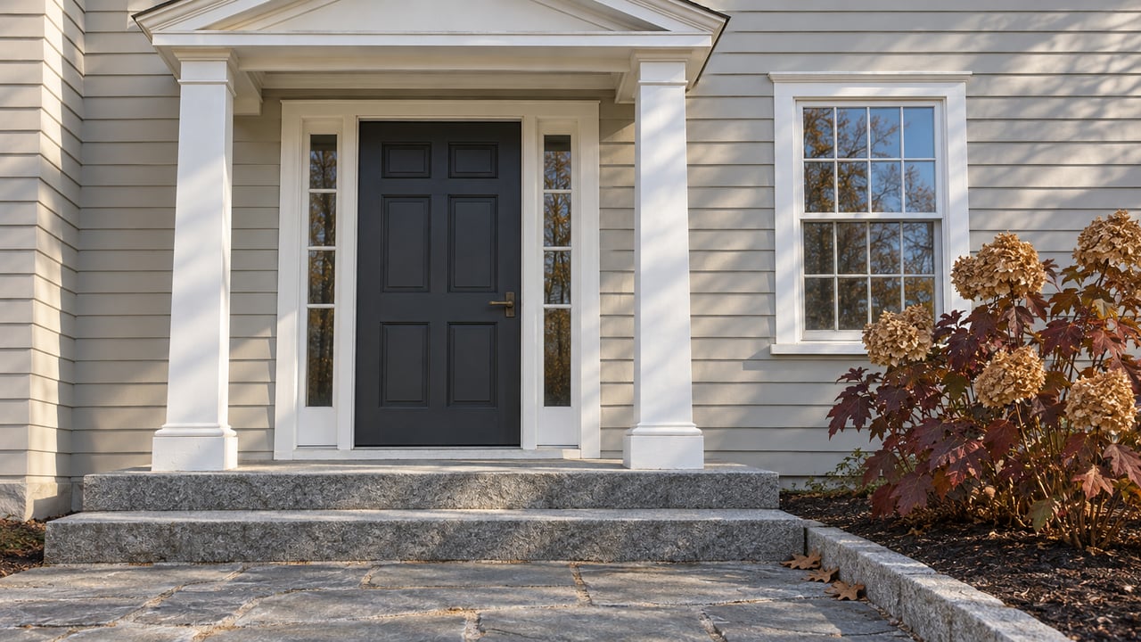 Gray clapboard home entry with a charcoal door, white porch columns, granite steps, and burgundy oakleaf hydrangea in autumn sunlight.