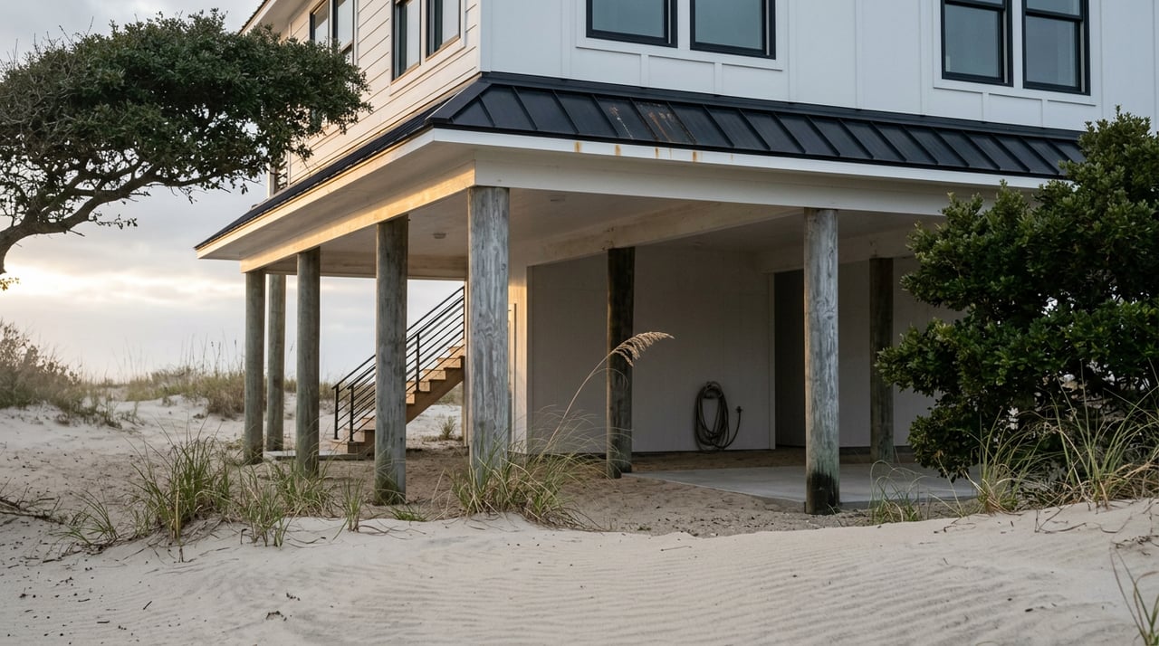 Elevated coastal home on weathered timber pilings, with an open understory, exterior stairs, and beachgrass in rippled sand.