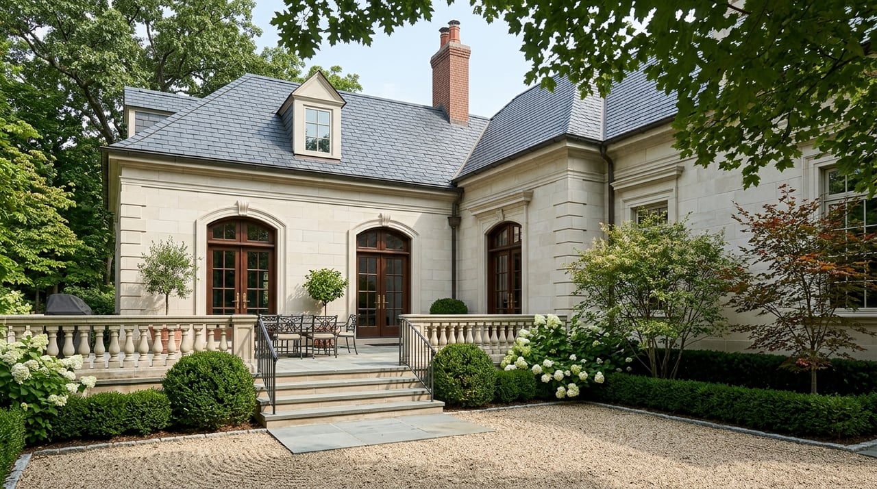 Pale stone facade with arched French doors, bluestone steps, clipped shrubs, and a flowering hydrangea.