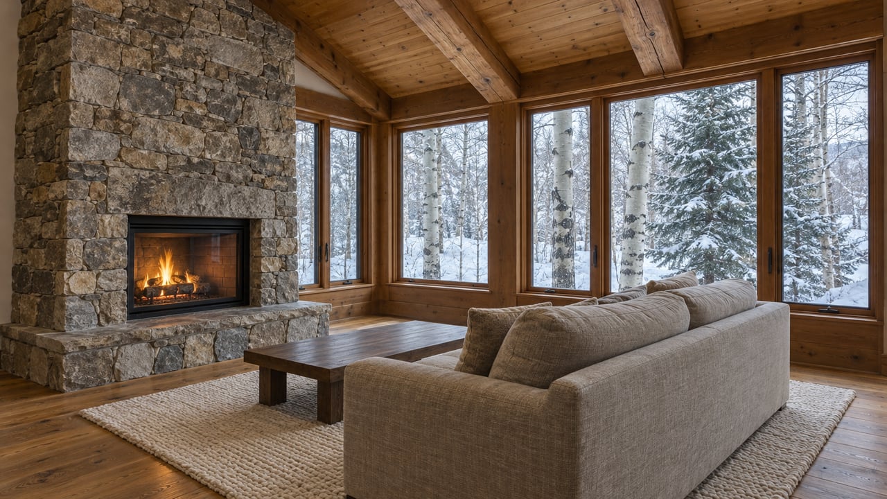 Vaulted timber living room with a stone fireplace, wool sofa, and tall windows overlooking snow, bare aspens, and spruce.