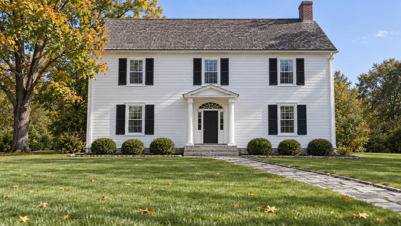 White clapboard home with black shutters beyond a broad lawn, a granite entry walk and a maple beginning to turn amber.