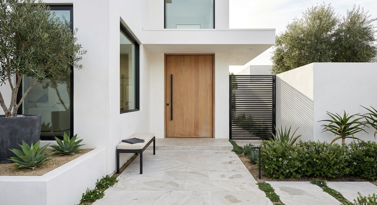 Recessed pivot door framed by white stucco, limestone pavers, black detailing, and drought-tolerant plants.