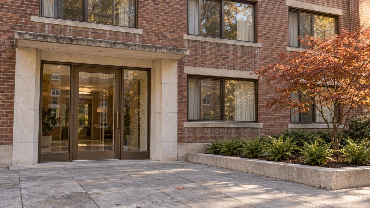 Red-brown brick apartment facade with limestone entry surround, bronze-framed glass door and windows, and a small maple beside the paved approach.