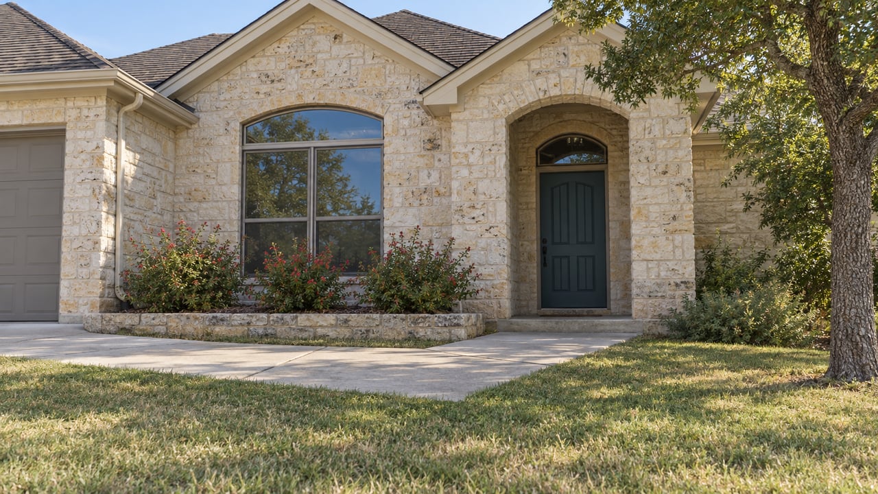 Limestone single-story home with blue-green front door, arched glazing, a concrete approach and a mature oak beside the lawn.