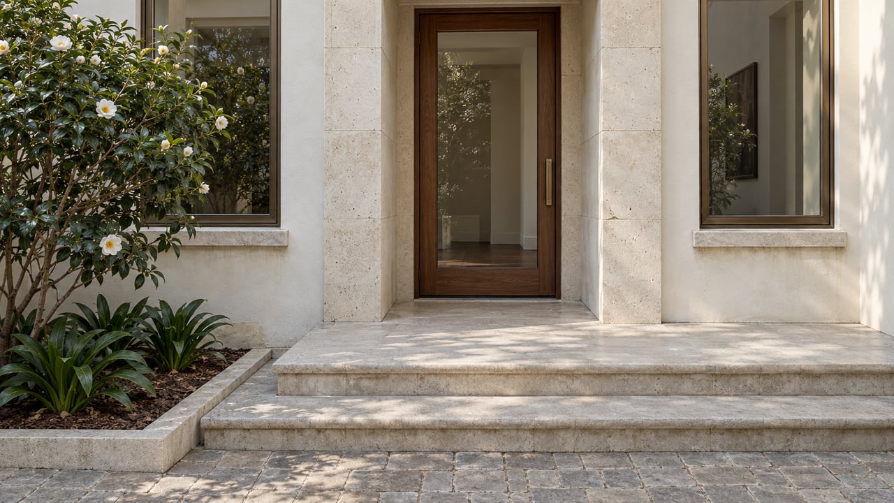 Sunlit limestone steps lead to a glazed walnut entrance set in ivory stucco beside glossy camellia leaves.