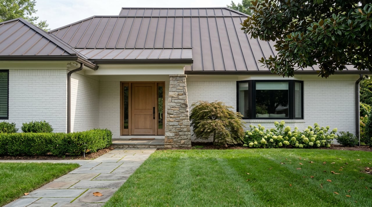 White brick home entry with a fieldstone porch column, oak door, dark metal roof, and magnolia canopy.