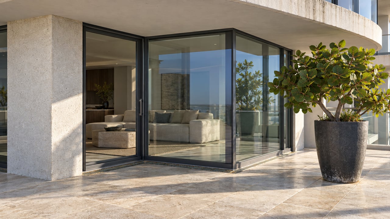 Close view of a glazed condominium terrace corner with white concrete, pale limestone paving, and a sculptural sea grape in a charcoal planter.