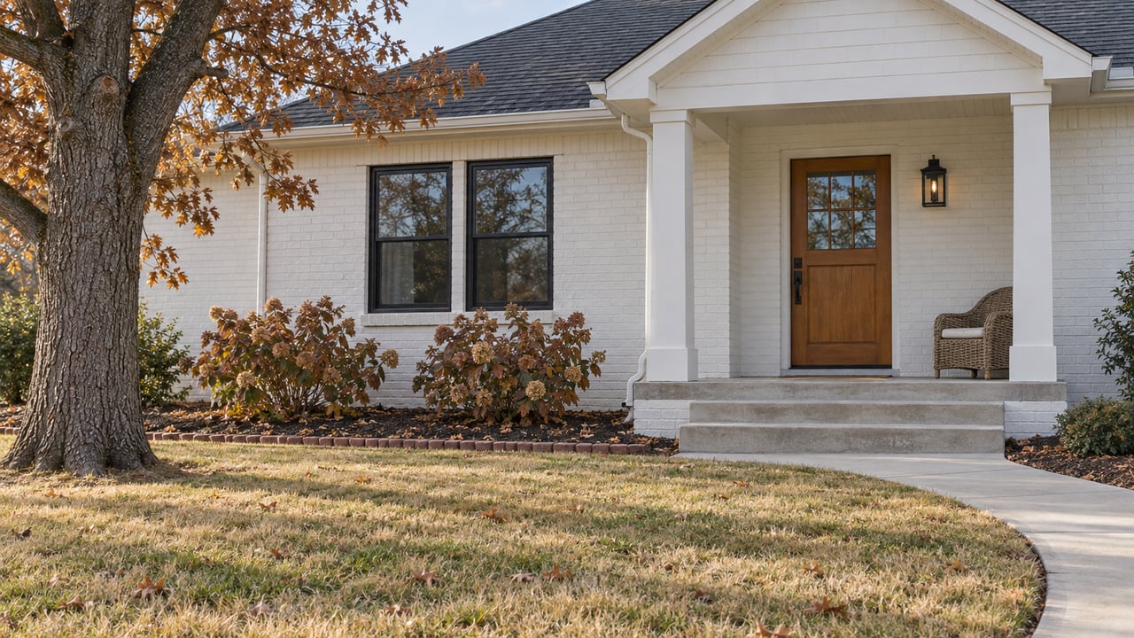 White-painted brick home with a covered wood-door entry, dormant lawn, and oakleaf hydrangeas in early-winter light.
