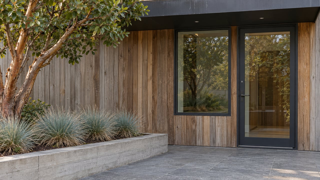 Contemporary cedar-clad home entry with charcoal canopy, glazed door, gray stone landing and a strawberry tree in a raised concrete planter.