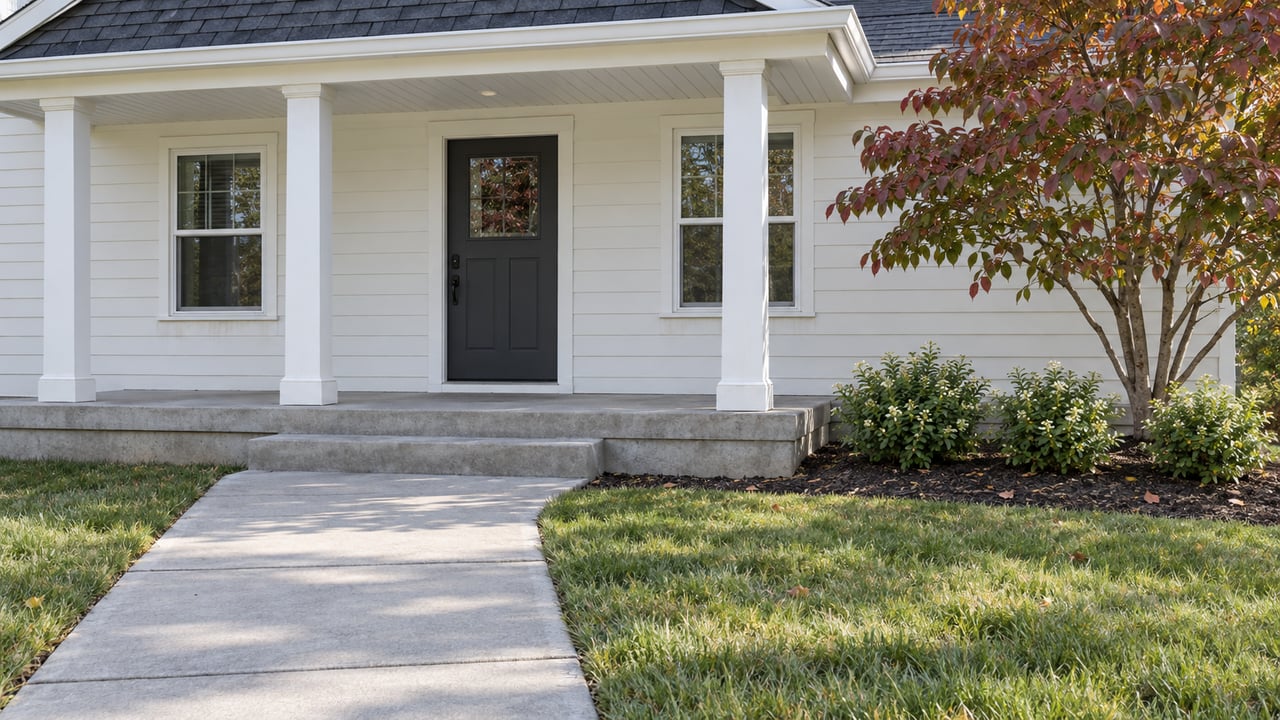 White-sided home with a charcoal roof, covered entry porch, concrete front walk, and a dogwood turning burgundy.