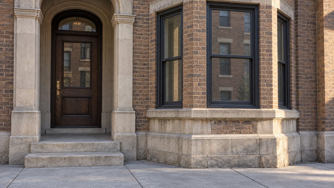 Morning light reveals weathered brick, carved limestone and dark timber windows around a recessed residential entrance.