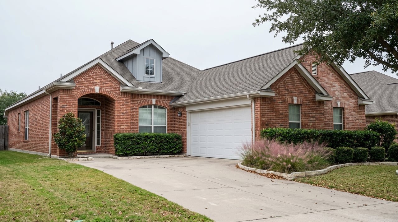 Red-brick suburban house with gray board-and-batten dormer, arched entry, oak canopy, lawn and driveway.