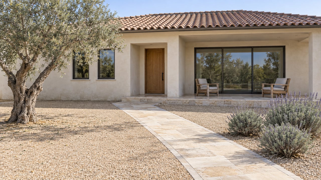 Sunlit stucco home with a clay tile roof, stone approach, olive tree and covered teak seating terrace.