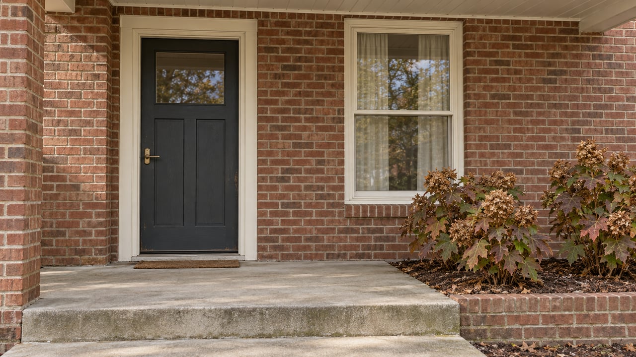 Red-brown brick home entrance with a charcoal door, cream window trim and autumn oakleaf hydrangeas beside a concrete porch.