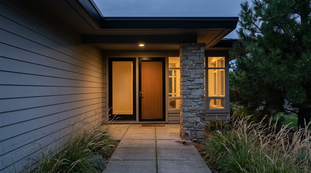 Home entry with a warm, glowing multi-pane window, stone column, and concrete walk at dusk.