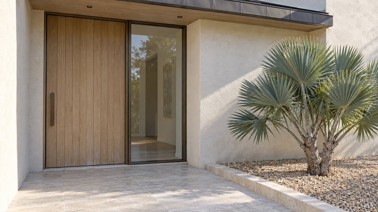 Sunlit ivory-stucco home entrance with an oak door, bronze-framed sidelight, limestone landing, and a sculptural fan aloe in a gravel bed.
