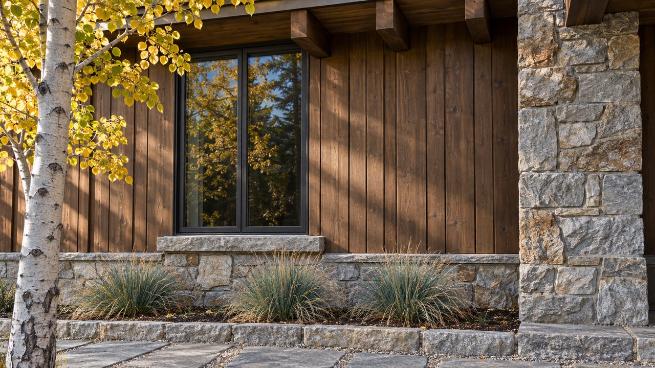 Close view of a timber-and-stone home's tall dark-framed window, weathered fir siding, and gold aspen leaves beside a flagstone approach.