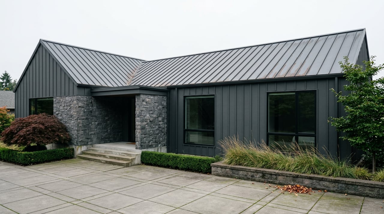 Contemporary charcoal-sided home with a basalt entry wall, Japanese maple, and paved motor court.