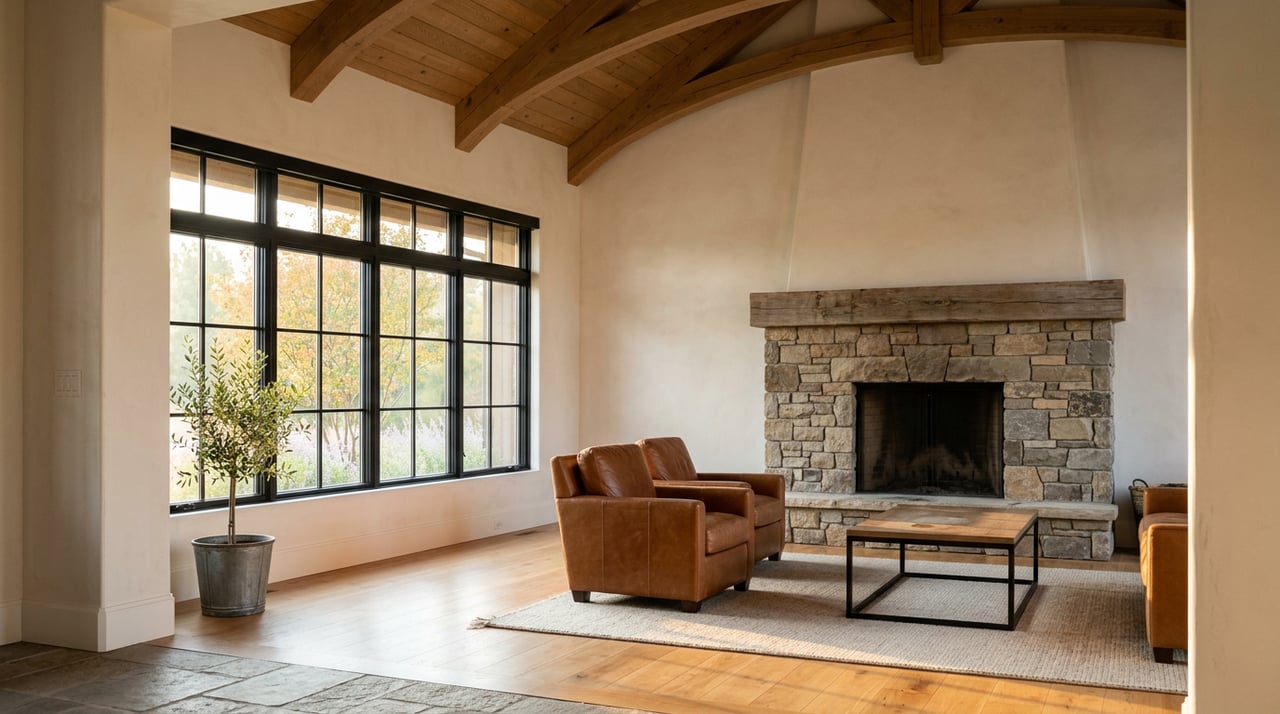 Great room with timber trusses, a stacked-stone fireplace, black-paned windows, and a leather chair.