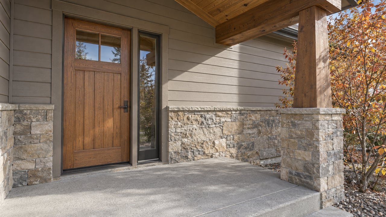 Covered home entry with a warm wood door, narrow sidelight, stone veneer, taupe siding and autumn serviceberry branches beside a concrete step.