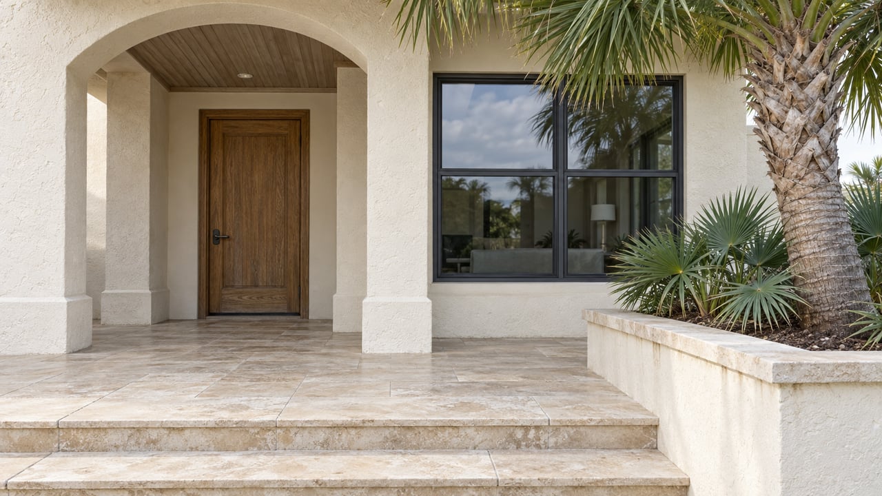 Ivory stucco home with a shaded arched entry, oak door, pale limestone terrace and a palm in a raised masonry planter.