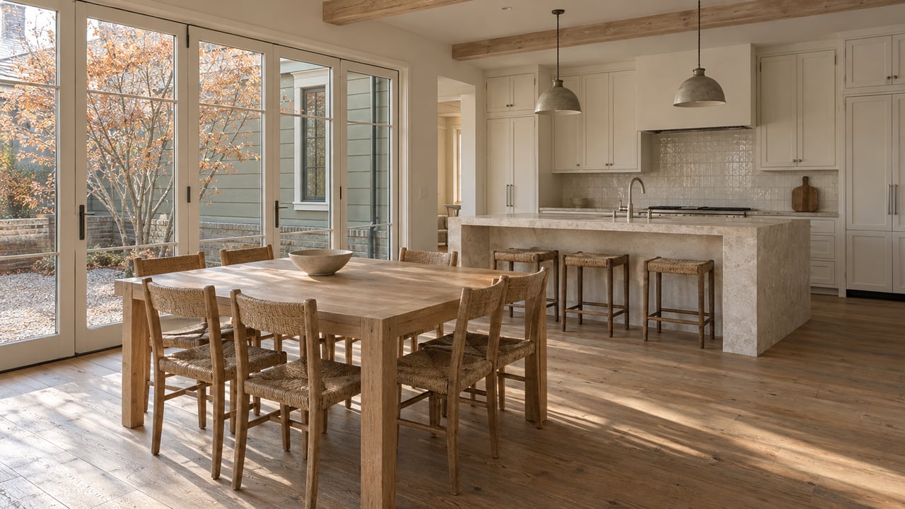 Dining room with a pale oak table and rush-seat chairs beside a limestone kitchen island, opening onto an autumn courtyard.