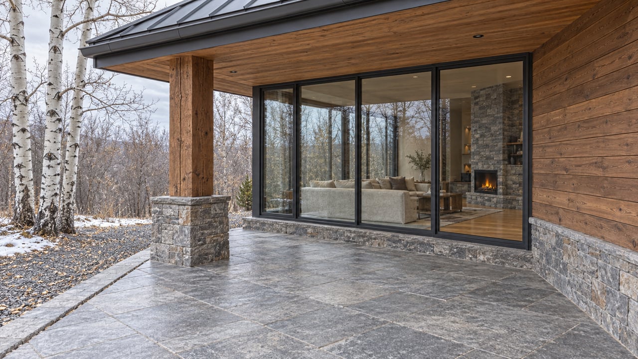 Cedar and gray stone home with a covered stone terrace, closed glass doors, bare aspens and a remnant of snow on gravel.