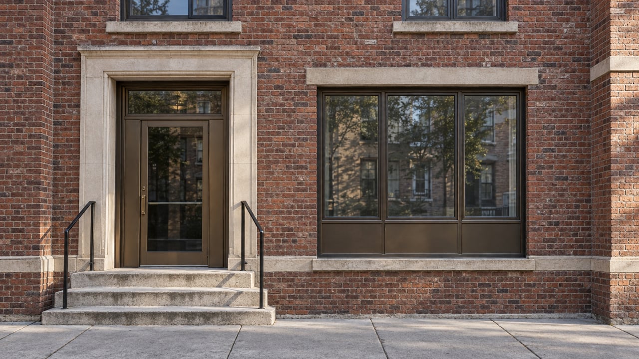 Warm brick residential facade with bronze-framed glazing, a limestone entry surround and worn stone steps beside a concrete sidewalk.