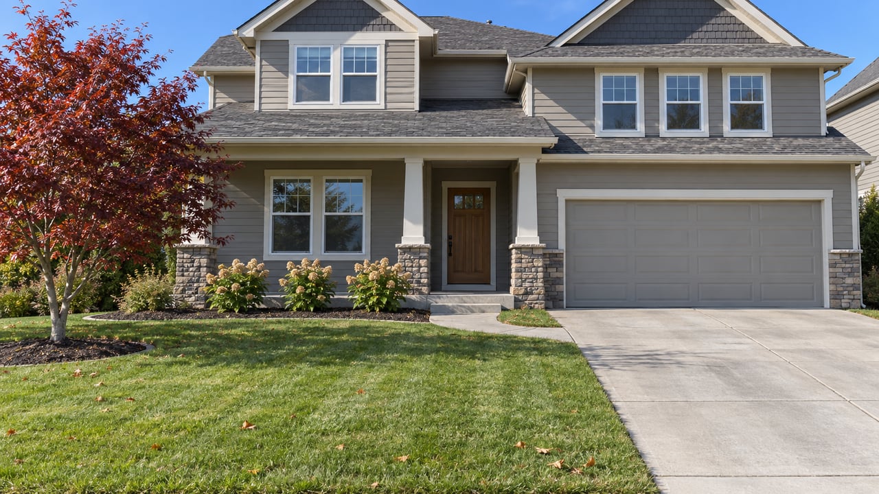 Gabled gray house with a recessed porch, two-bay garage, deep front lawn and burgundy autumn maple in clear morning light.