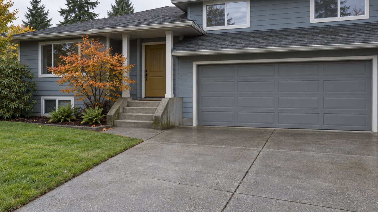 Blue-gray split-level home with a concrete driveway, covered ochre front door and an amber-leaved vine maple.