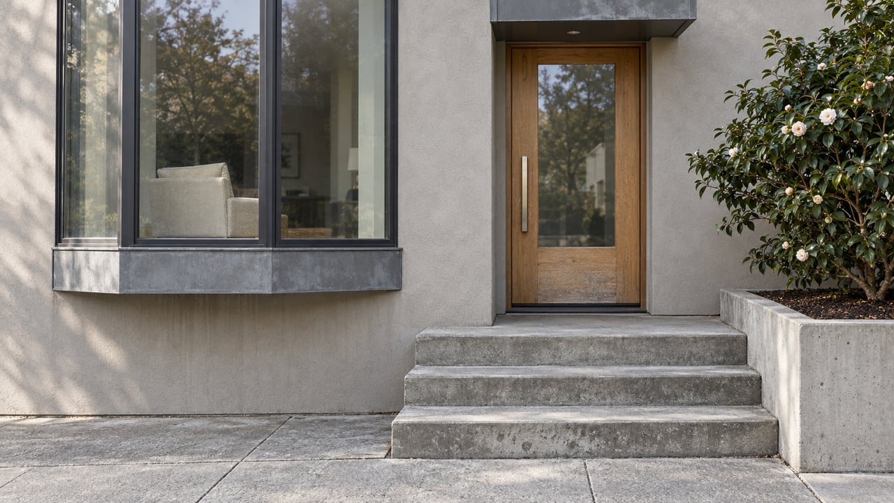 A glazed window bay and oak entry door above worn concrete steps, with a camellia in a raised planting pocket.