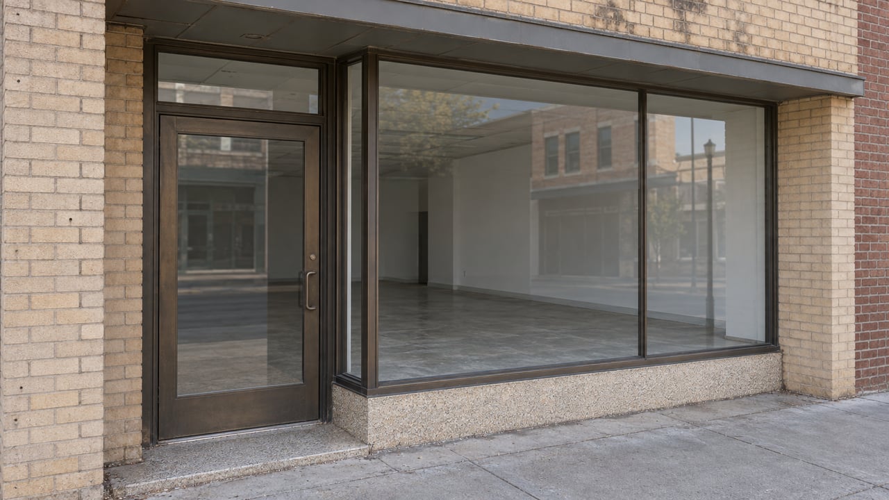 Empty downtown storefront with a closed glass door, broad window, and pale brick facade.