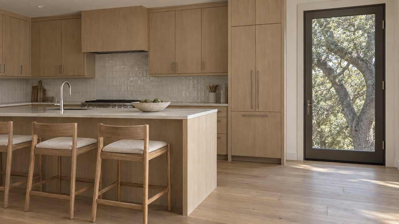 White-oak kitchen island and stools beside a closed glass door framing a live oak tree.
