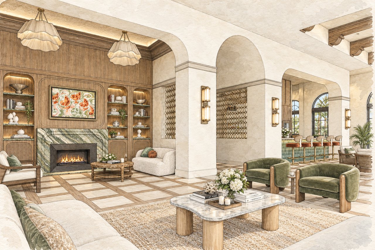 Residential lounge rendering with arched ceilings, a marble fireplace, built-in shelving, and a bar.