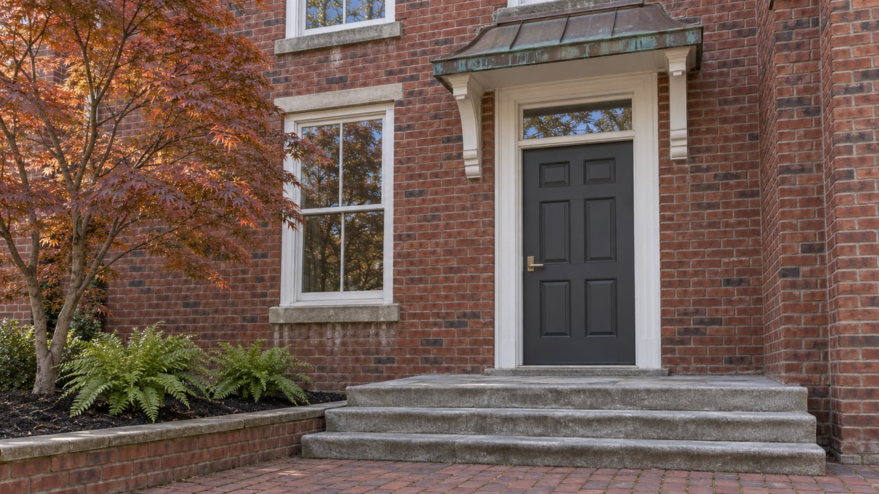 Red-brick townhome entrance with a charcoal door, copper canopy, limestone steps and a russet-leaved Japanese maple.