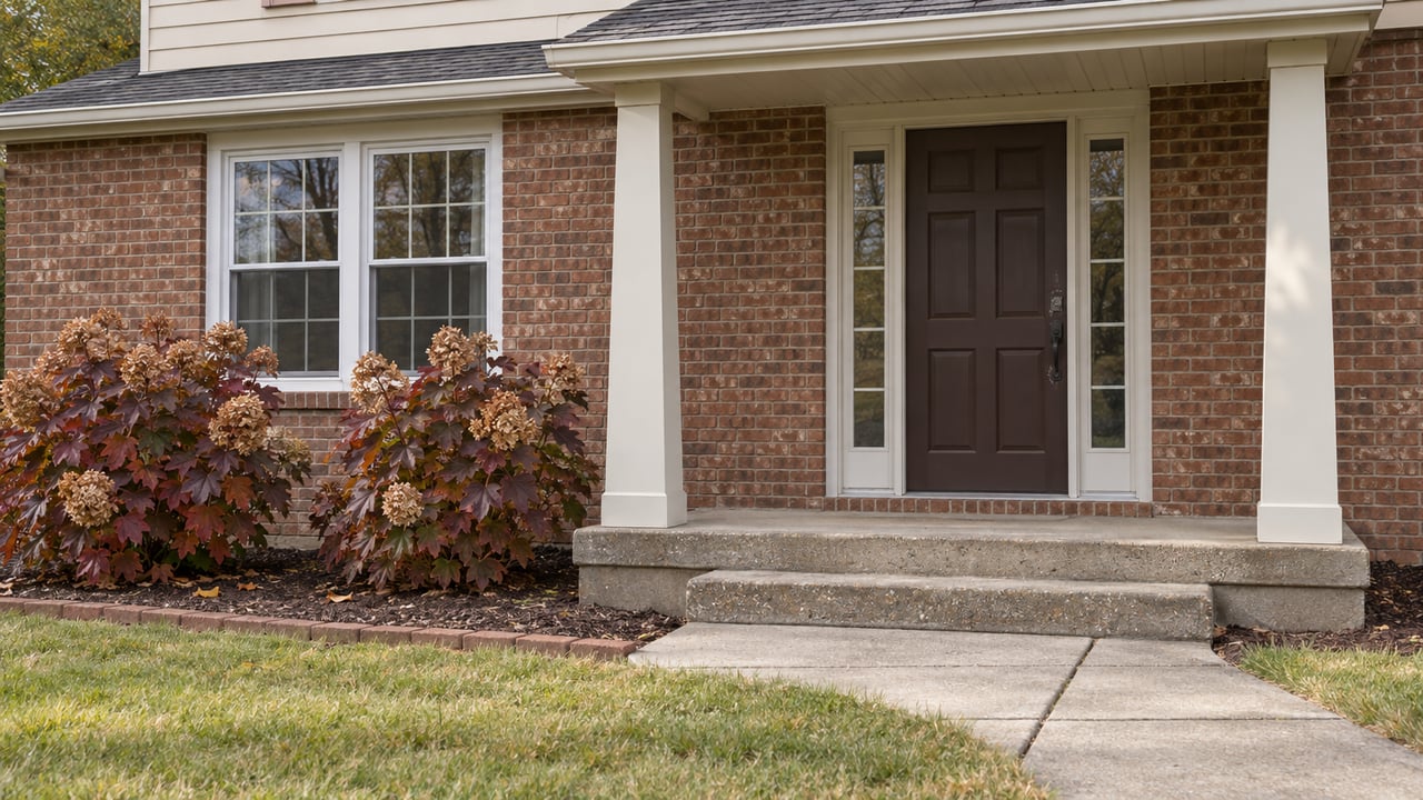 Brick-and-ivory-sided home entrance with a covered concrete stoop and autumn oakleaf hydrangeas beside a front walk.