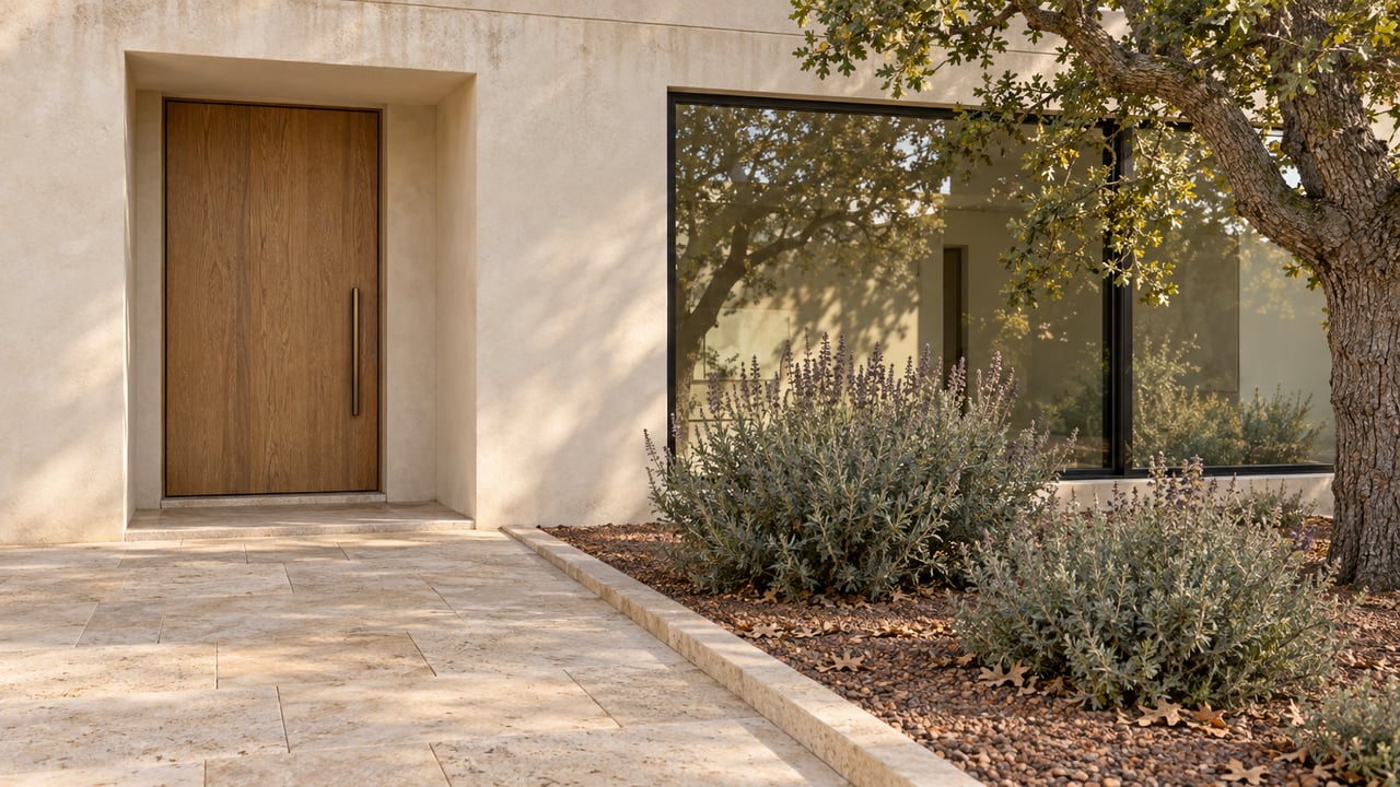 Warm plaster home entrance with an oak door, black-framed window, limestone approach, and sculptural oak beside a dry garden.