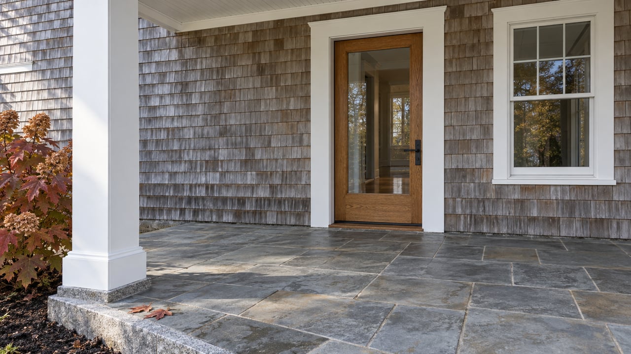 Closed glazed oak entrance beneath a white porch, framed by weathered cedar shingles, bluestone paving and copper-red oakleaf hydrangea.