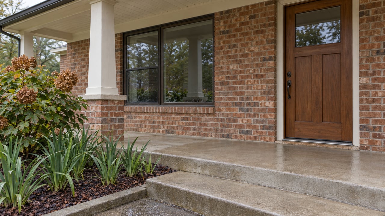 Rain-softened daylight on a brick home's covered porch, cypress entry door, concrete steps, and oakleaf hydrangea.