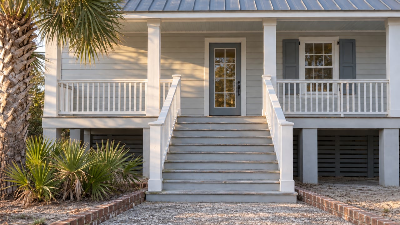 Tabby-concrete walkway bordered by weathered bricks leads to a porch with divided-light door, shutters, and palm plantings.