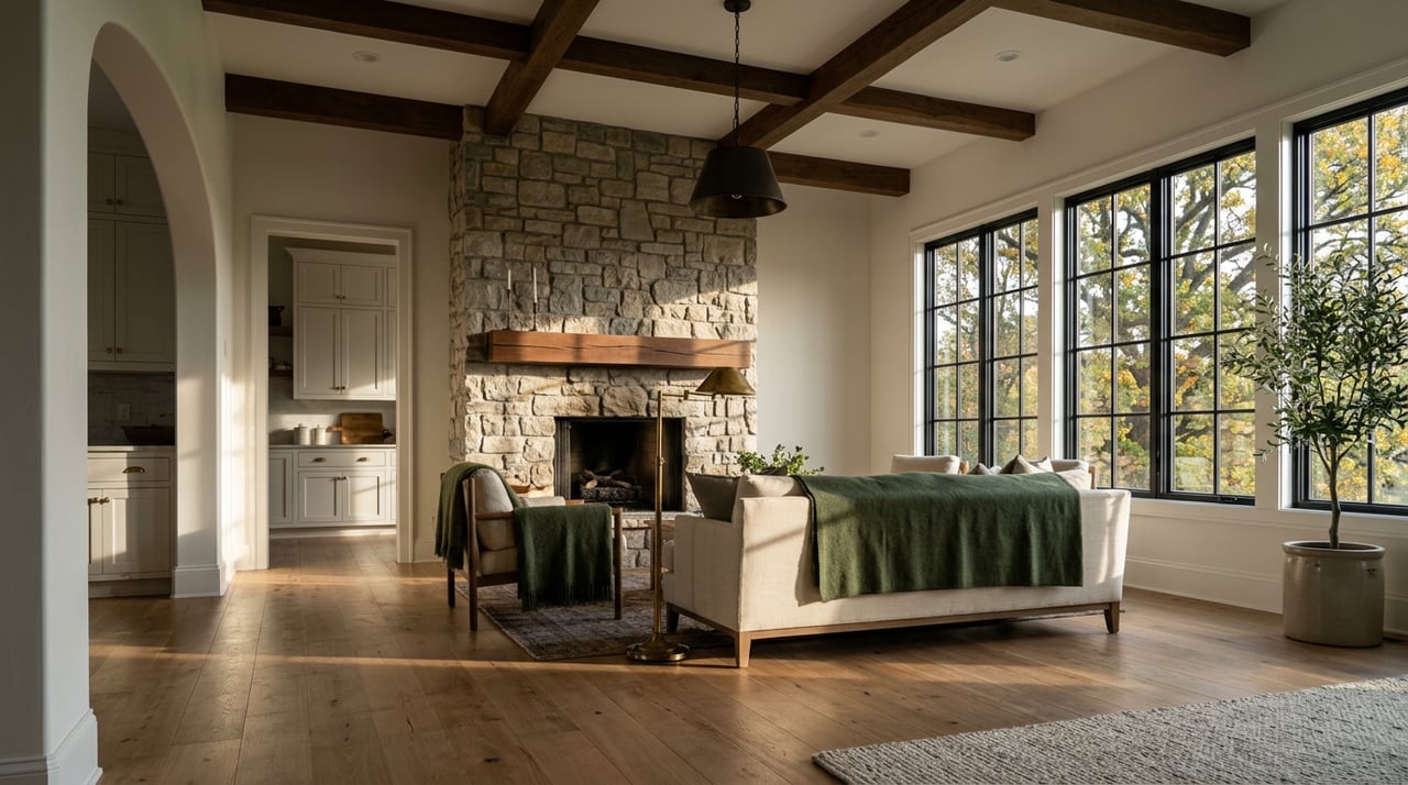 Stone fireplace and cream sofa in a beam-ceilinged great room, with sunlit steel-framed windows and an olive tree.