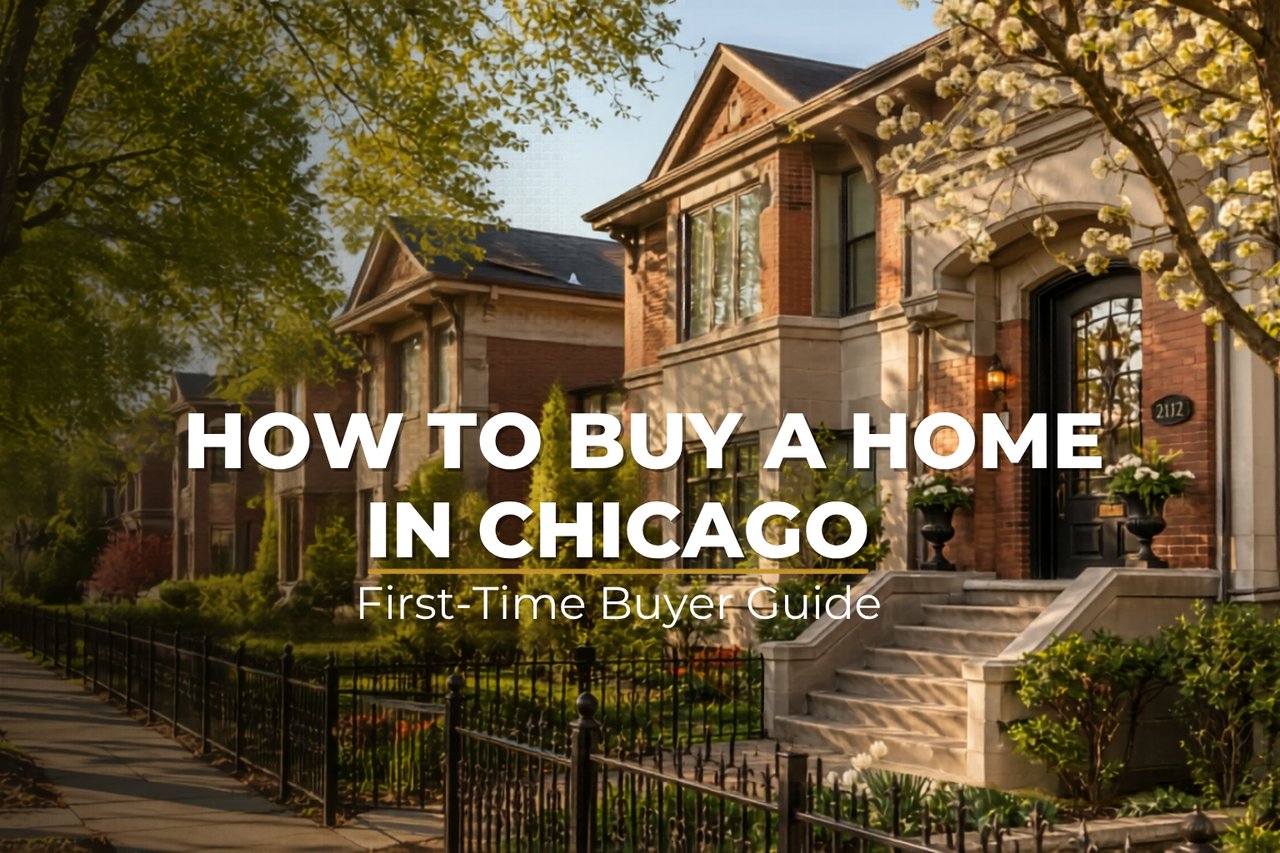 Chicago North Side brick and stone home on tree-lined street in spring with iron fence and front steps