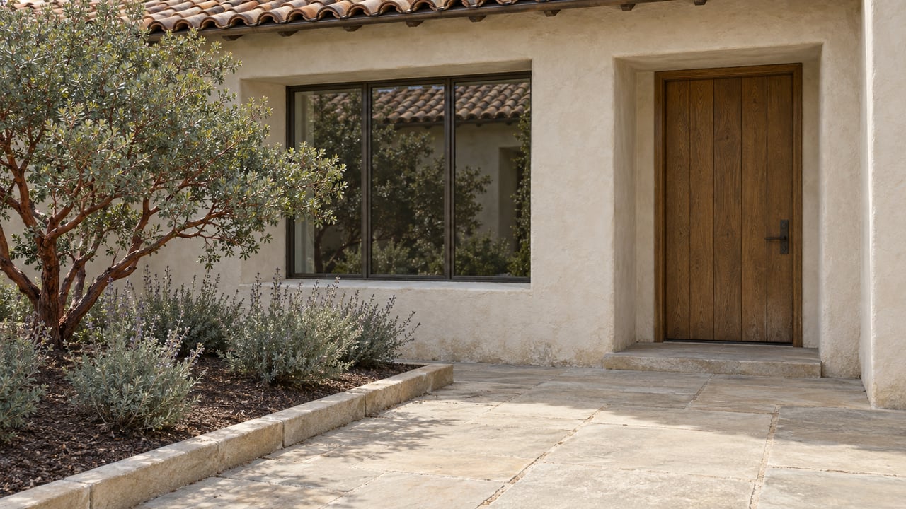 Ivory stucco home with a clay-tile roof, oak entry door, sandstone approach and sculptural manzanita planting.