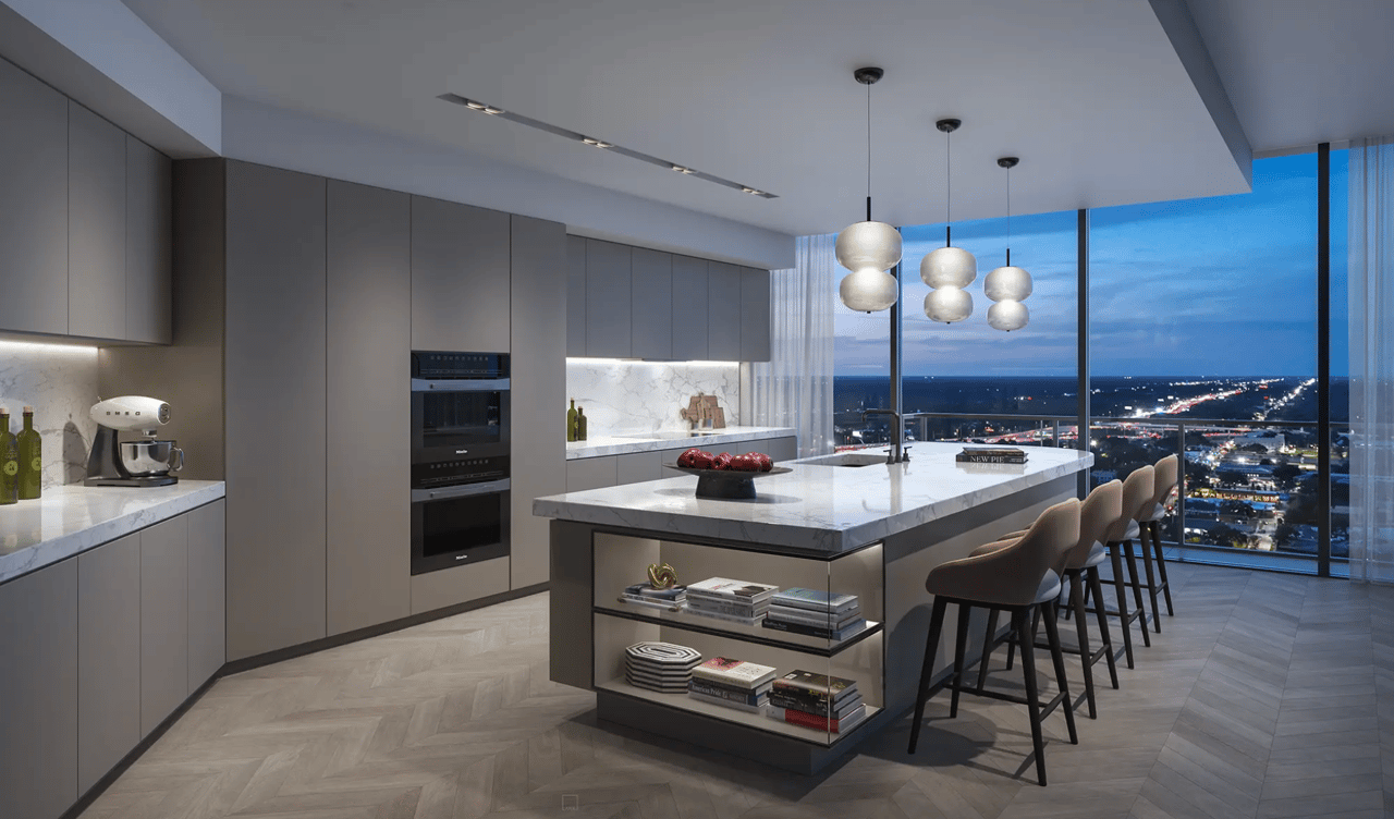 rendering of penthouse kitchen at hotel ora